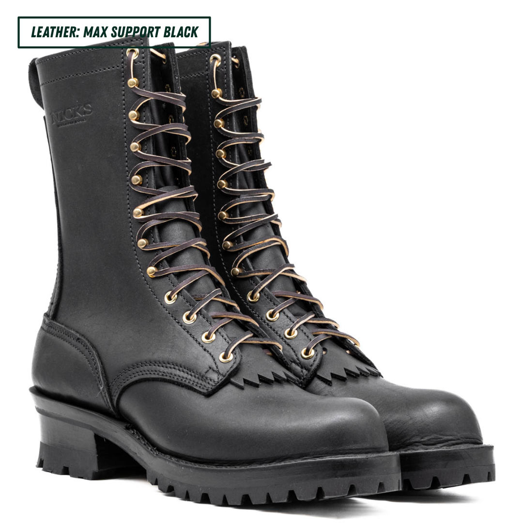 A pair of black leather lace-up boots with gold-toned metal eyelets and brown laces, shown on a white background with a text label in the top left corner.