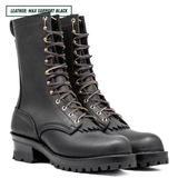 A pair of black leather lace-up boots with gold-toned metal eyelets and brown laces, shown on a white background with a text label in the top left corner.