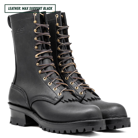 A pair of black leather lace-up boots with gold-toned metal eyelets and brown laces, shown on a white background with a text label in the top left corner.