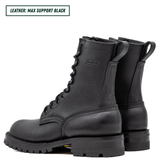 A pair of black leather lace-up ankle boots shown from the side and back on a white background, with a text label in the top-left corner that reads 'LEATHER: MAX SUPPORT BLACK'. The boots feature a rugged lug sole, pull tabs, and the brand name 'Nicks' embossed on the side.