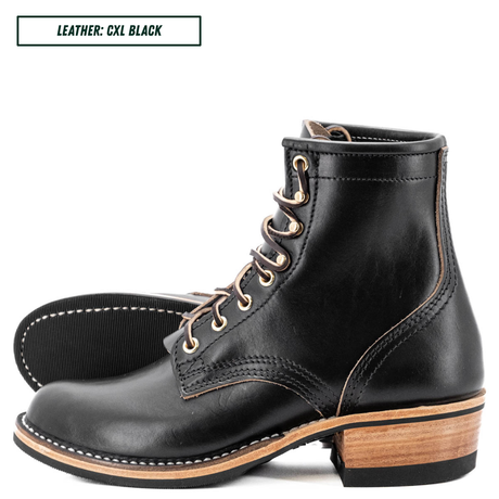 A pair of black leather lace-up ankle boots with a stacked wooden heel and white stitching, shown on a white background with a text label reading 'LEATHER: CXL BLACK'.