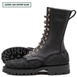 Black leather boot with gold laces on a white background