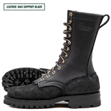 Black leather boot with gold laces on a white background