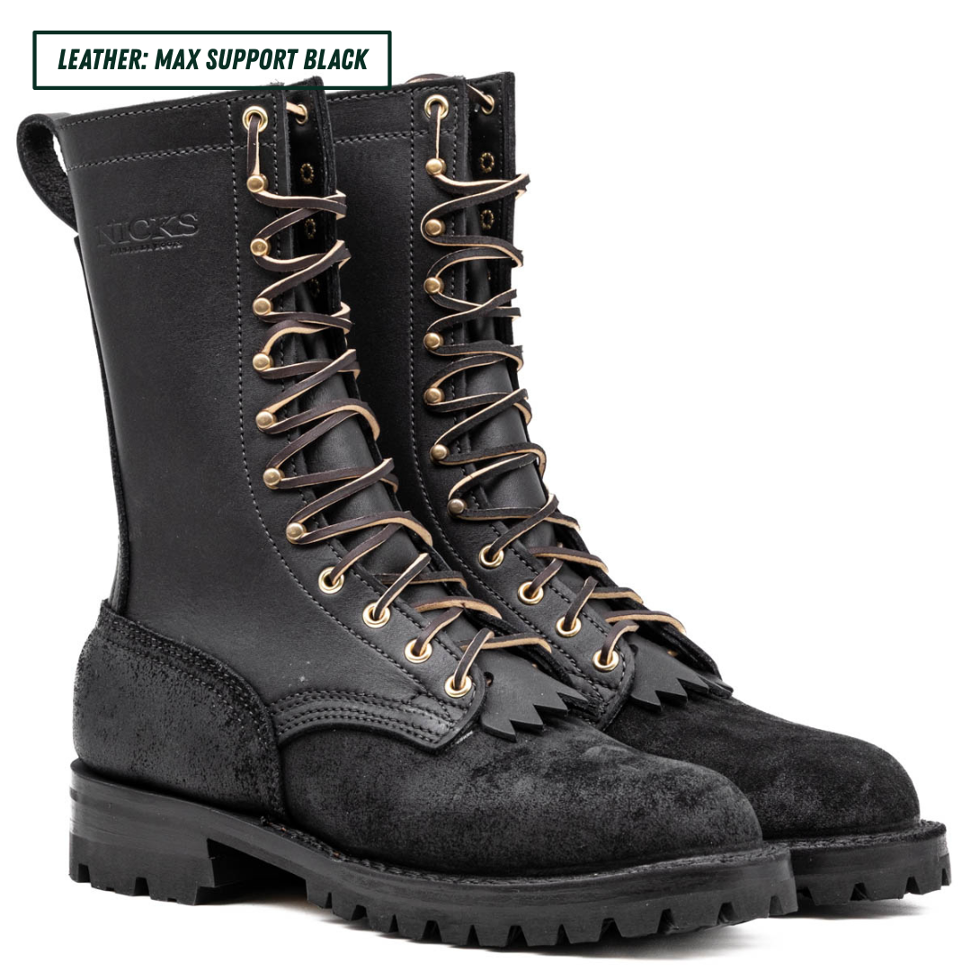 A pair of black leather lace-up boots with gold-toned metal eyelets and laces, shown on a white background with a text label in the top-left corner.