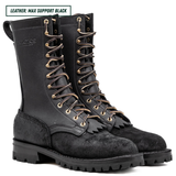 A pair of black leather lace-up boots with gold-toned metal eyelets and laces, shown on a white background with a text label in the top-left corner.