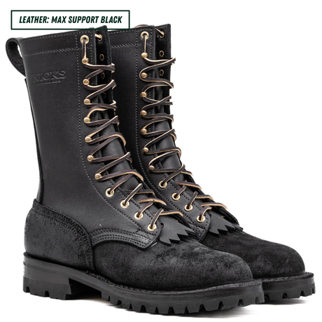 A pair of black leather lace-up boots with gold-toned metal eyelets and laces, shown on a white background with a text label in the top-left corner.