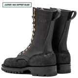 A pair of black leather lace-up boots shown from the side and back on a white background, with a text label in the top-left corner that reads 'LEATHER: MAX SUPPORT BLACK'. The brand name 'NICKS' is embossed on the side of the boot shaft.