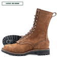 A pair of brown suede lace-up work boots shown on a white background, with one boot standing upright and the other lying on its side to display the treaded sole. A text label in the top left reads 'LEATHER: 1964 BROWN'.