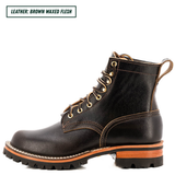 A single brown waxed leather lace-up boot shown in profile on a white background, with a text label in the top-left corner reading 'LEATHER: BROWN WAXED FLESH'. The boot has tan contrast stitching, brass eyelets, a pull tab, and a rugged lug sole.