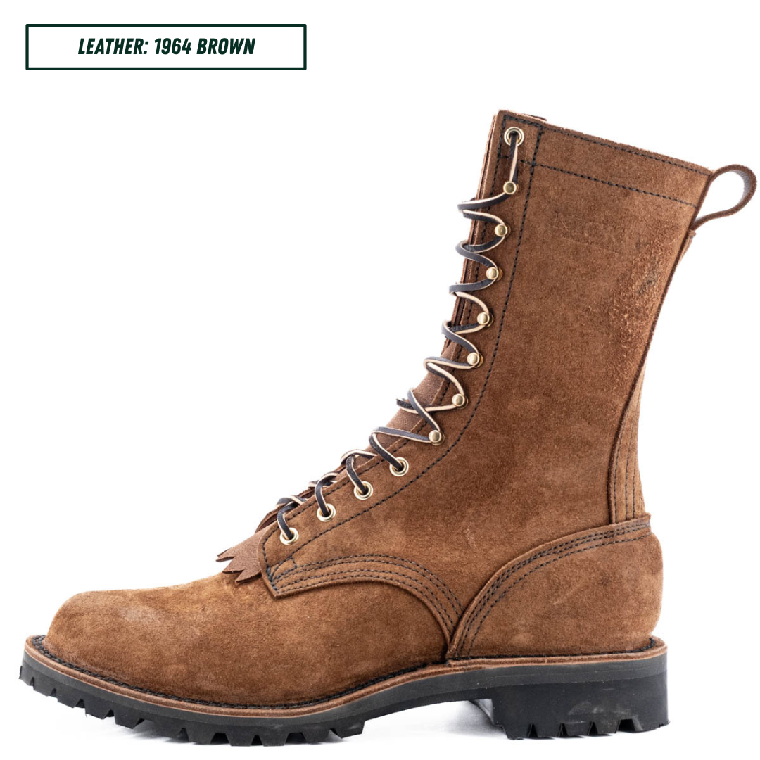 A brown suede lace-up boot shown in profile on a white background, with a text label in the top-left corner reading 'LEATHER: 1964 BROWN'.