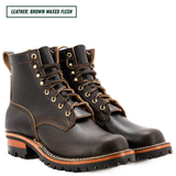 A pair of dark brown waxed leather lace-up boots with gold-toned metal eyelets and white contrast stitching, shown on a white background with a text label at the top reading 'LEATHER: BROWN WAXED FLESH'.