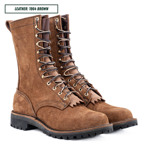 A pair of mid-calf lace-up boots in brown suede, shown on a white background with a text label in the top left corner that reads 'LEATHER: 1964 BROWN'.