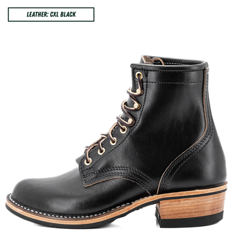 A black leather lace-up ankle boot with a stacked wooden heel and light tan stitching, shown on a white background with a text label in the top-left corner that reads 'LEATHER: CXL BLACK'.