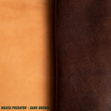A close-up of smooth and waxed sides of a leather roll, with a warm tan/caramel section on the left and a dark brown section on the right. Text at the bottom reads 'WAXED PREDATOR - DARK BROWN'.