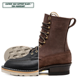 A split-view product image of a Nicks leather boot. The left half shows a black leather moc-toe boot with a light tan sole, while the right half shows a dark brown suede boot with black laces and gold eyelets.
