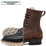 A split-view product image of a Nicks leather boot. The left half shows a black leather moc-toe boot with a light tan sole, while the right half shows a dark brown suede boot with black laces and gold eyelets.