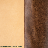 A close-up split view showing rolled out leather: a smooth warm tan on the left and a textured dark brown on the right, with the text 'WAXED PREDATOR - URBAN BROWN' at the bottom left.