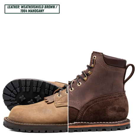 A split-view product photo of a lace-up ankle boot on a white background, with the left half showing a tan leather side and the right half showing a dark brown leather side. Text at the top reads 'LEATHER: WEATHERSHIELD BROWN / 1964 MAHOGANY'.