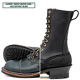 A pair of black lace-up work boots shown on a white background, with one boot standing upright and the other lying on its side to display the sole. The brand name 'NICKS' is embossed on the side. Top left reads 'LEATHER PACIFIC WAXED FLESH / MAX SUPPORT BLACK'.