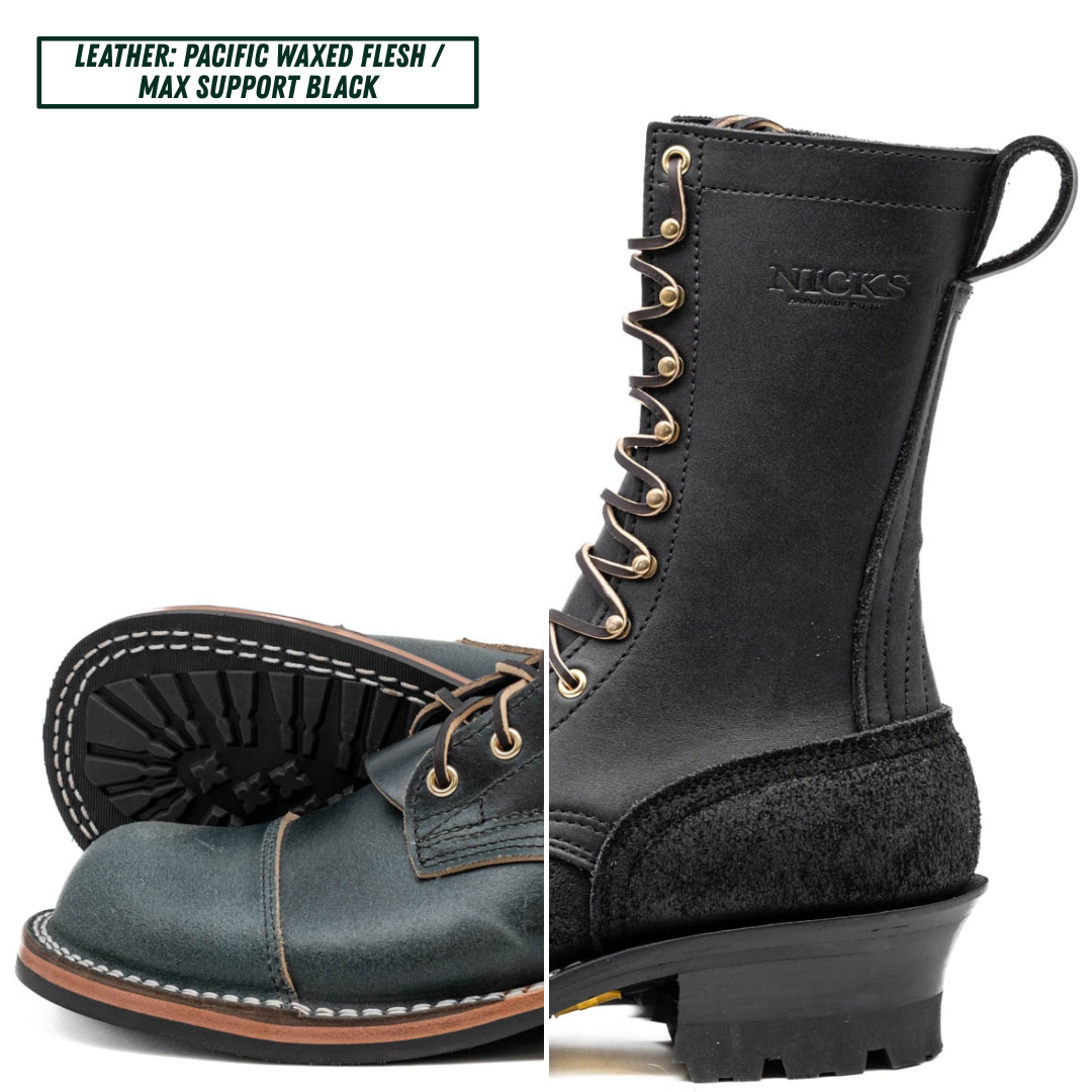 A pair of black lace-up work boots shown on a white background, with one boot standing upright and the other lying on its side to display the sole. The brand name 'NICKS' is embossed on the side. Top left reads 'LEATHER PACIFIC WAXED FLESH / MAX SUPPORT BLACK'.