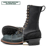 A pair of black lace-up work boots shown on a white background, with one boot standing upright and the other lying on its side to display the sole. The brand name 'NICKS' is embossed on the side. Top left reads 'LEATHER PACIFIC WAXED FLESH / MAX SUPPORT BLACK'.