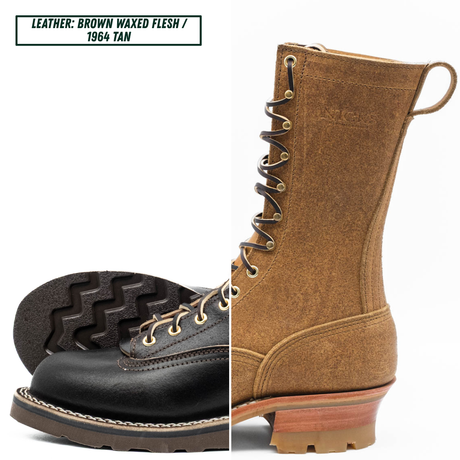 A tall lace-up work boot shown in two views on a white background: a black leather side view with tread sole and a tan suede side view. Text at top reads 'LEATHER: BROWN WAXED FLESH / 1964 TAN'.