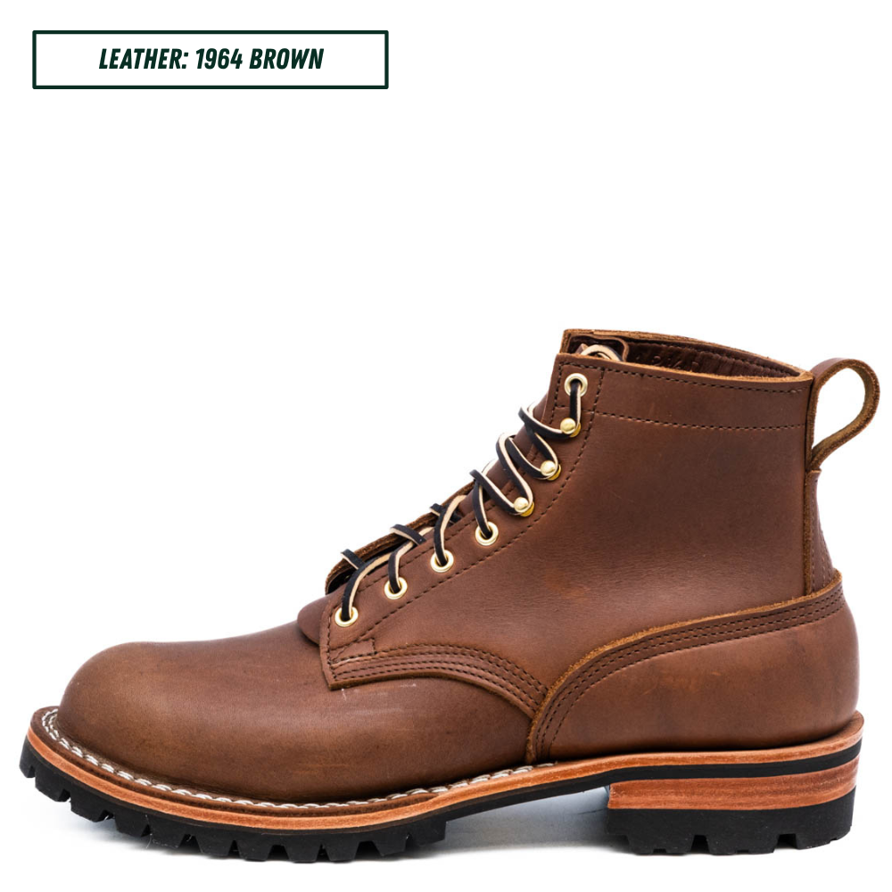 A single brown leather lace-up boot shown in side profile on a white background, with a text label in the top-left corner reading 'LEATHER: 1964 BROWN'.