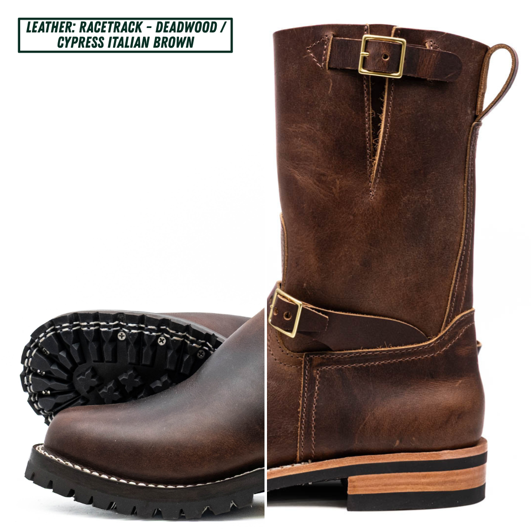 A dark brown leather mid-calf boot shown from multiple angles on a white background, with a text label in the top left reading 'LEATHER: RACETRACK - DEADWOOD / CYPRESS ITALIAN BROWN'. The boot has a rugged black treaded sole, a pull loop, decorative stitching, and brass-tone buckle details.