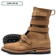 A tan suede mid-calf boot with multiple strap details and gold-tone buckles, shown on a white background with a second boot showing the sole behind it. A text label in the top left reads 'LEATHER: 1964 TAN'.
