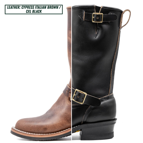 A split comparison of a leather boot showing two finishes: on the left, a brown leather boot with a distressed finish, and on the right, a black leather boot. Both have black leather straps with gold-tone buckles.