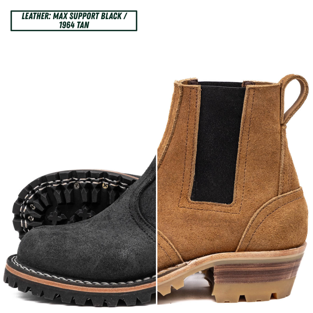 A split-view product image of a Chelsea-style ankle boot showing two color options: a black suede upper with a black elastic side panel and sole, and a tan/cognac suede upper with a black elastic side panel and tan sole. A text label at the top reads 'LEATHER: MAX SUPPORT BLACK / 1984 TAN'.