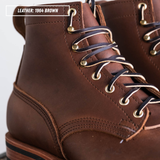 Close-up of a brown leather lace-up boot with dark laces and brass eyelets, with a text overlay reading 'LEATHER: 1964 BROWN'.
