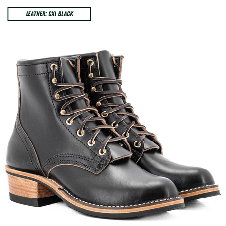 A pair of black leather lace-up ankle boots with brown laces, gold eyelets, and stacked wood-look heels, shown on a white background with a text label reading 'LEATHER: CXL BLACK'.