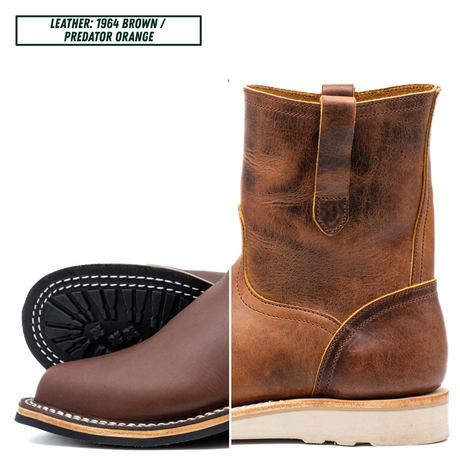 A split view of a brown leather ankle boot, showing the side profile with a pull tab and the toe end with white stitching, alongside a black outsole detail. Text in the top left reads 'LEATHER: 1964 BROWN / PREDATOR ORANGE'.