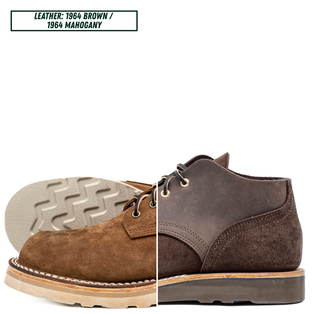 A single lace-up ankle boot shown on a white background with a split view: the left half shows the white outsole with white stitching and roughout brown uppers, and the right half shows the dark brown leather upper and brown wedge sole. Text at the top reads 'LEATHER: 1964 BROWN / 1964 MAHOGANY'.