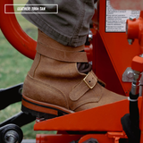 Model wearing tan tankerpros while working on red machinery. Top left reads 'LEATHER: 1964 TAN'.