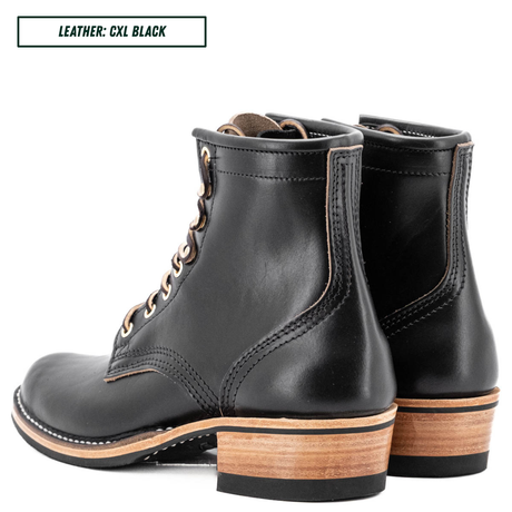 A pair of black leather lace-up ankle boots with stacked wood-look heels, shown from the side and back on a white background. A text label in the top-left corner reads 'LEATHER: CXL BLACK'.