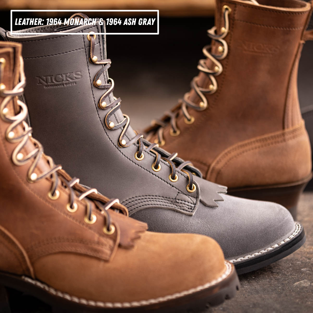 Two pairs of Nick's lace-up work boots shown in close-up: one in brown leather and one in dark gray leather. The image includes a text overlay in the top left corner that reads 'LEATHER: 1964 MONARCH & 1964 ASH GRAY'.
