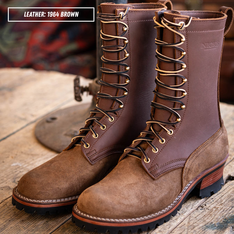 HD lace up build your own sitting on wooden table. Top left text reads 'LEATHER: 1964 BROWN'.