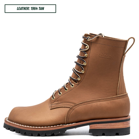 HD lace up build your own boot sitting showing the side profile in front of white background. Top left reads 'LEATHER: 1964 TAN'.