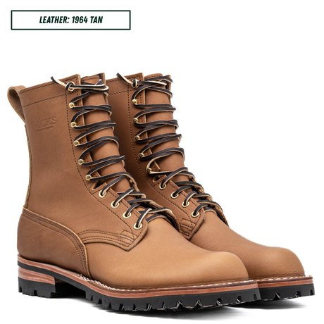 HD Lace up build your own boots sitting in front of white background. Top left reads 'LEATHER: 1964 TAN'.
