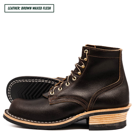 A pair of dark brown leather lace-up boots with a stacked wood-look heel and contrast stitching, shown on a white background with a text label in the top left corner.