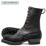 A pair of black leather lace-up work boots with gold-tone eyelets and a rugged lug sole, shown on a white background with a text label reading 'LEATHER: MAX SUPPORT BLACK'.