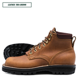 A pair of brown leather lace-up boots with black soles and brass eyelets, shown on a white background with a text label reading 'LEATHER: 1964 BROWN'.