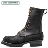 A black leather lace-up work boot shown in profile on a white background, with a small text label in the top-left corner reading 'LEATHER: MAX SUPPORT BLACK'. The boot has tan eyelets, a black pull loop, and a rugged black sole.