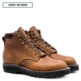 A pair of brown leather lace-up boots with black soles and brass eyelets, shown on a white background with a text label reading 'LEATHER: 1964 BROWN'.