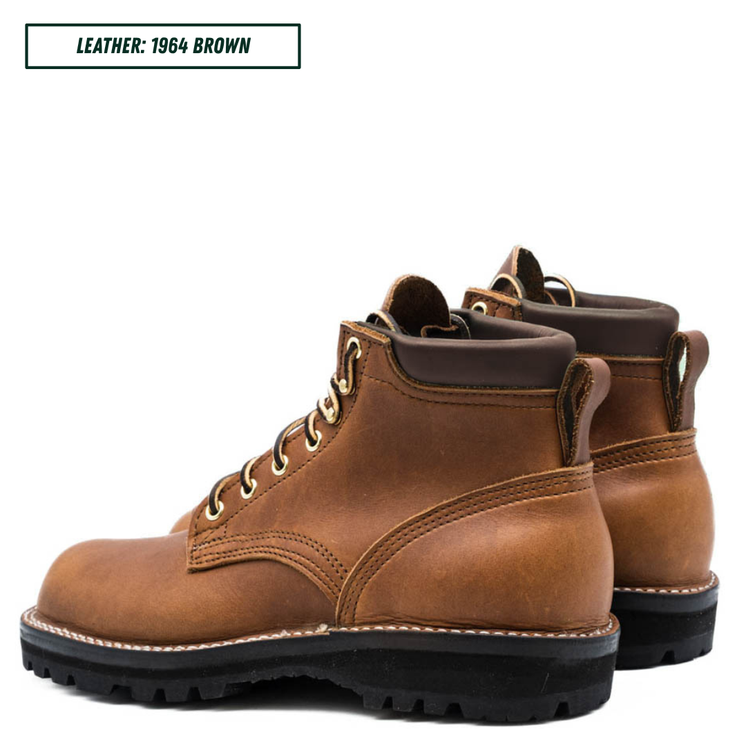 A pair of brown leather lace-up work boots shown on a white background, with a text label in the top left reading 'LEATHER: 1964 BROWN'.