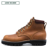 A pair of brown leather lace-up boots with black soles and brass eyelets, shown on a white background with a text label reading 'LEATHER: 1964 BROWN'.