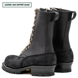A pair of black leather lace-up boots shown from the side against a white background, with a text label in the top-left corner that reads 'LEATHER: MAX SUPPORT BLACK'.