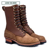 A pair of lace-up work boots in brown leather and suede, shown on a white background with a text label in the top-left corner that reads 'LEATHER: 1964 BROWN'.